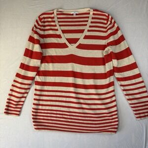 Gap Women's V-neck Red‎ And Cream Striped Sweater Size XL SILK BLEND